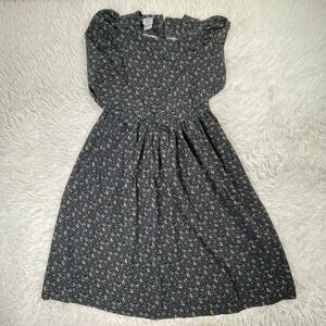 VTG Laura Ashley Dress Womens 8 Blue Floral Micro Corduroy Puffed Sleeve 80s 90s